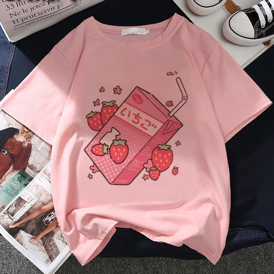 Cute Pink Strawberry Juice Box Graphic Cartoon Print Loose Short Sleeve Short T-shirt Top Casual E-Girl Kawaii Korean Japanese Harajuku Streetwear
