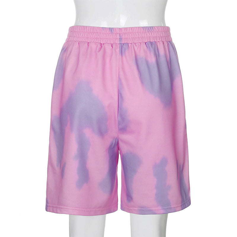 Cute Colorful Tie Dyed Print Casual Sweat Short High Waisted Pants Bottom E-Girl Kawaii Korean Japanese Harajuku Chinese Retro Streetwear Aesthetic