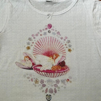 Fairy Shell Print Lace Trim Baby Tee