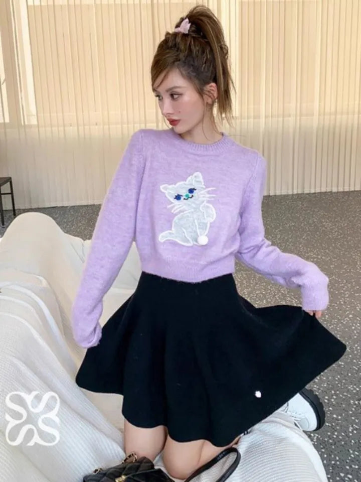 Blue Cat Print Cropped Sweater