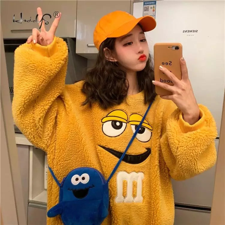 Cute Chocolate M Funny Cartoon Plush Oversize Long Sleeve Shirt Hoodie Pullover Sweatshirt Aesthetic Casual E-Girl Kawaii Korean Japanese Harajuku