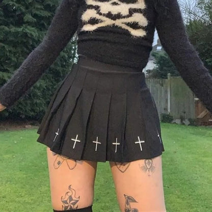 Cute Black Cross Print Goth Punk Pleated High Waisted Mini Skirt Bottom E-Girl Kawaii Korean Japanese Harajuku Retro Streetwear