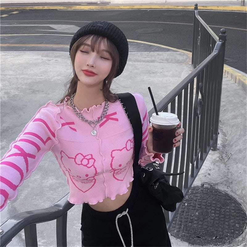 Cute Pink Kitty Cat Knit Loose Frill Long Sleeve Shirt Sweater Pullover Cardigan Aesthetic Casual Summer E-Girl Kawaii Korean Japanese Harajuku