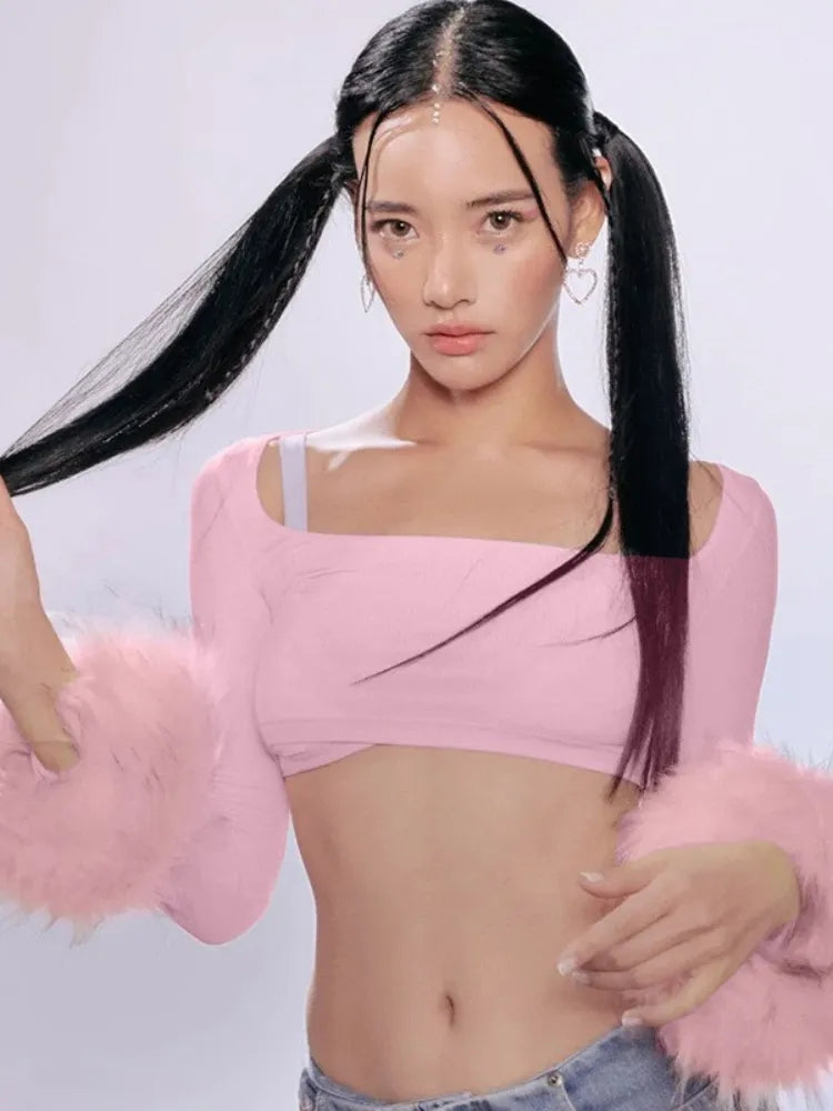 Pink Furry Cuff Long Sleeve Crop Top