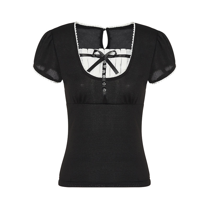 Vintage Bow Ruffle Patchwork Short Sleeve Shirt