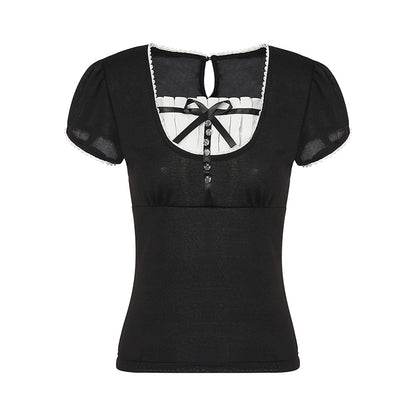 Vintage Bow Ruffle Patchwork Short Sleeve Shirt