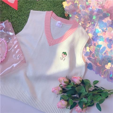 Cute Strawberry Peach Embroidery Knit Vest Sweater Sweatshirt Pullover Long Sleeve Shirt Casual E-Girl Kawaii Korean Japanese Harajuku Streetwear