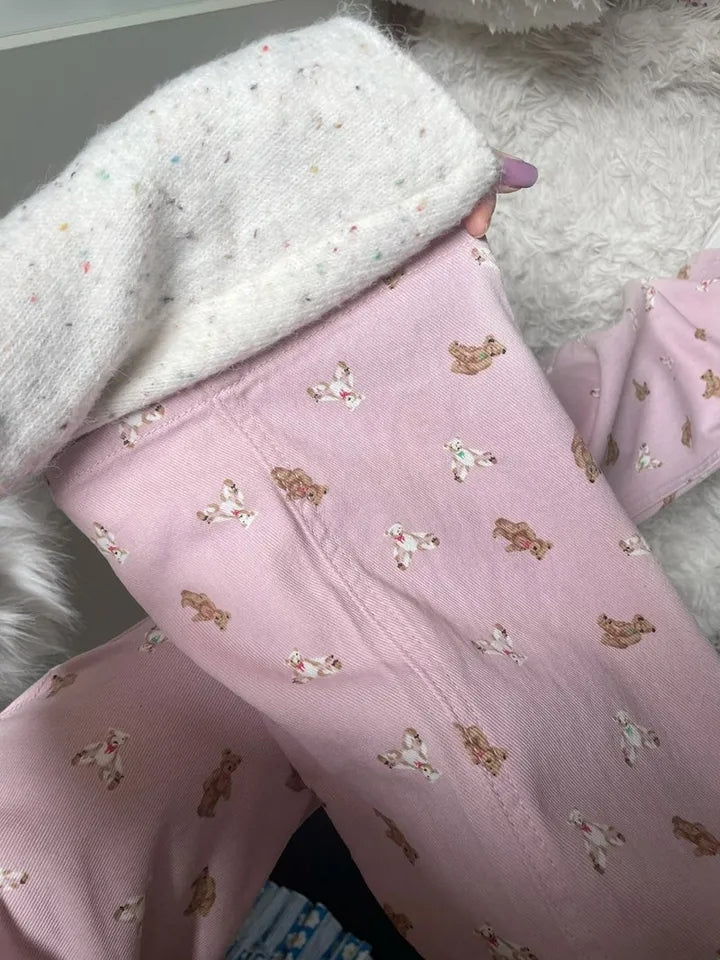 Pink Teddy Bear Print Straight Leg Pants