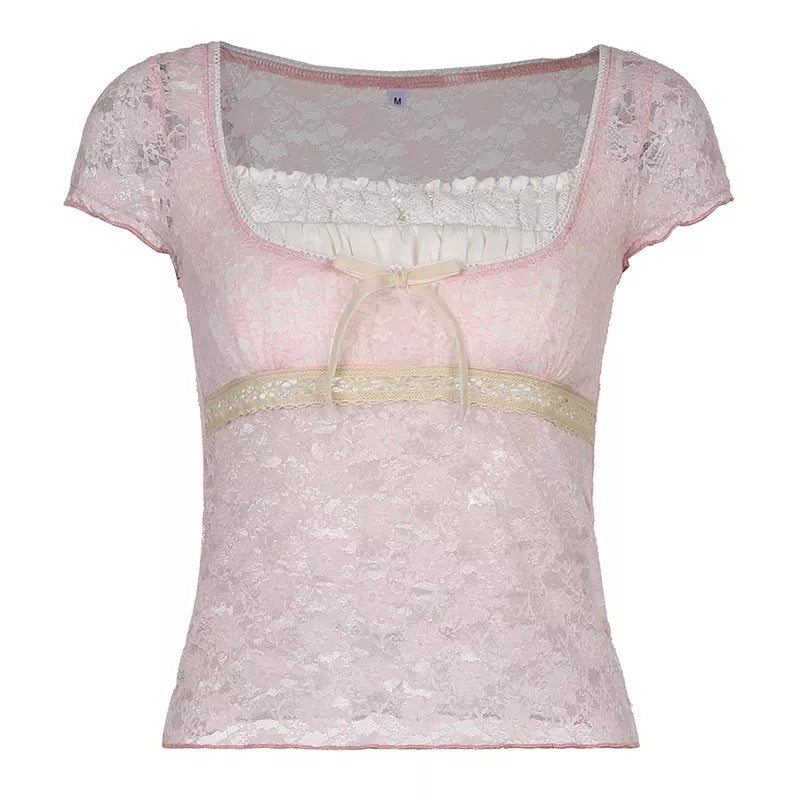 Cute Sweet Pink Lace Trim Short Sleeve Shirt Crop Top Summer Aesthetic Casual E-Girl Kawaii Korean Japanese Harajuku