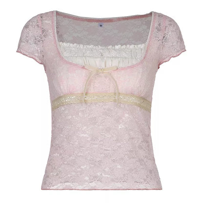 Cute Sweet Pink Lace Trim Short Sleeve Shirt Crop Top Summer Aesthetic Casual E-Girl Kawaii Korean Japanese Harajuku