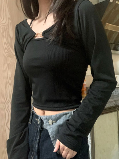 Black Halter Chain Long Sleeve T-shirt