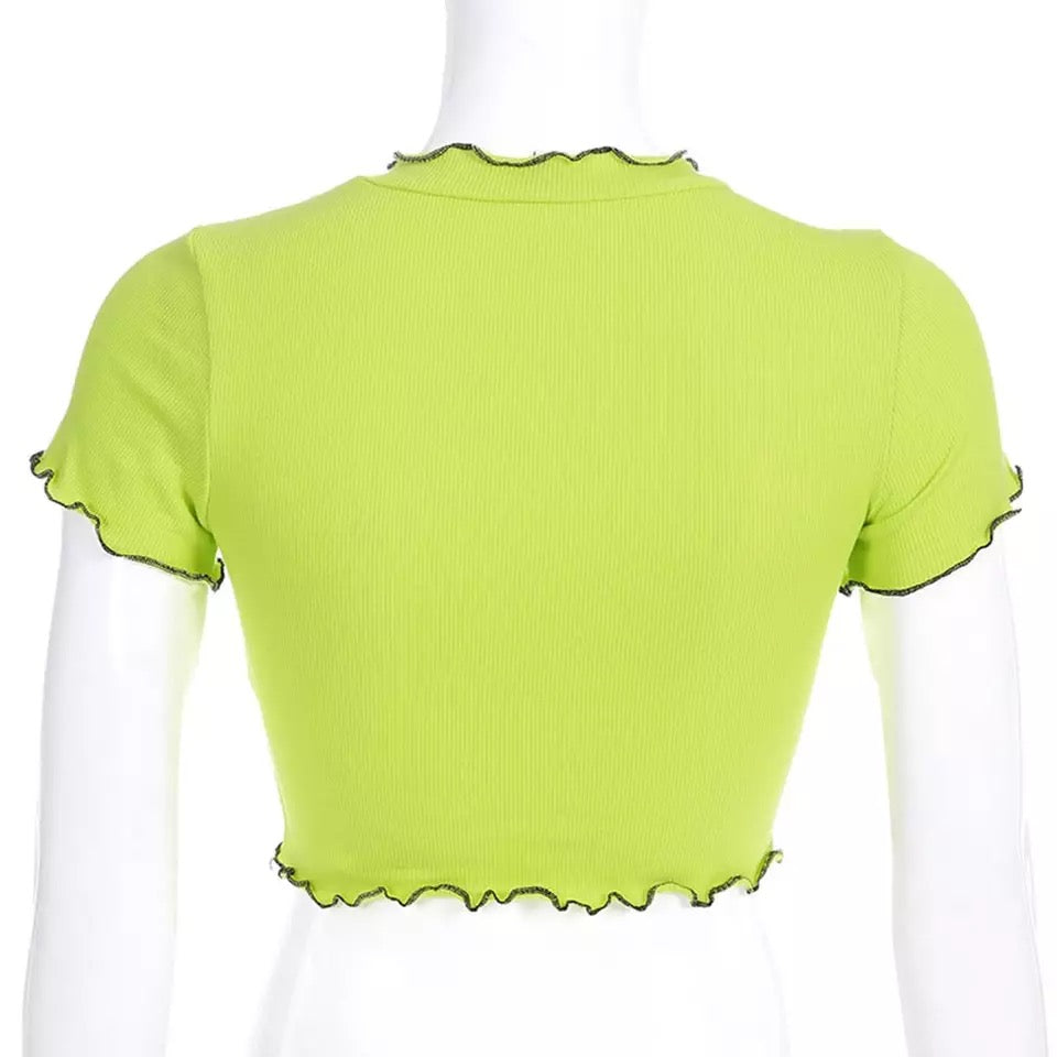 Cute Neon Green Flower Embroidery Casual Summer Crop Top Short Sleeve Tee Shirt T-Shirt E-Girl Kawaii Korean Japanese Harajuku Streetwear