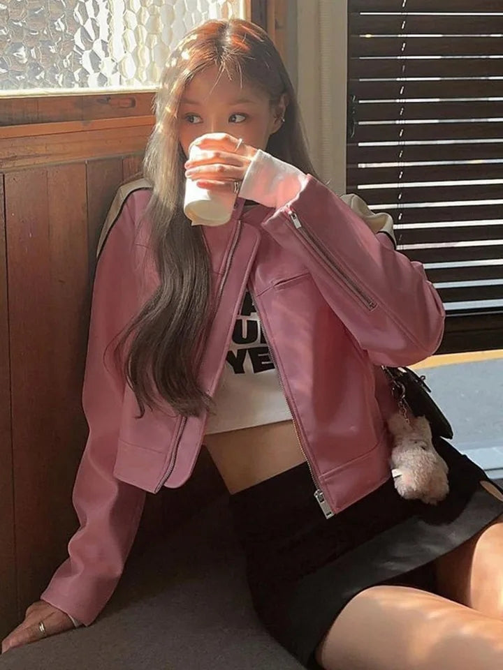 Pink PU Leather Retro Motorbike Jacket