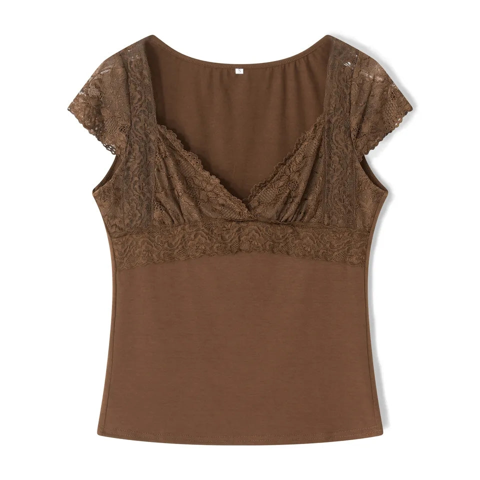 Brown Lace Trim Short Sleeve Shirt