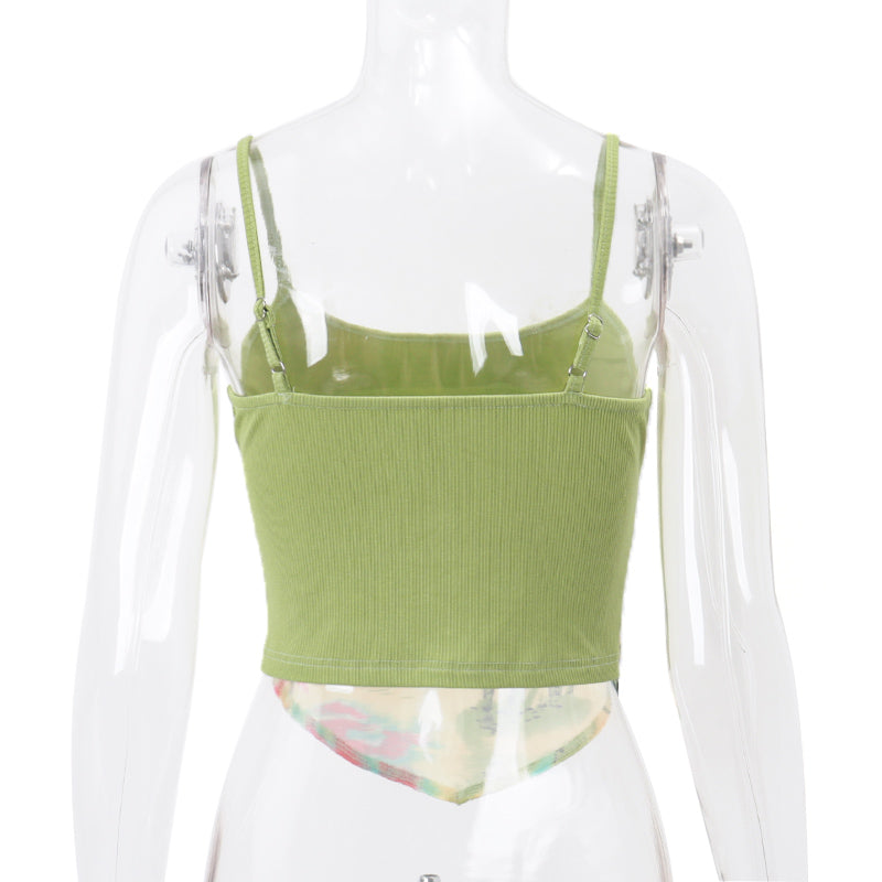 Green Vacation Print Patchwork Tank Top