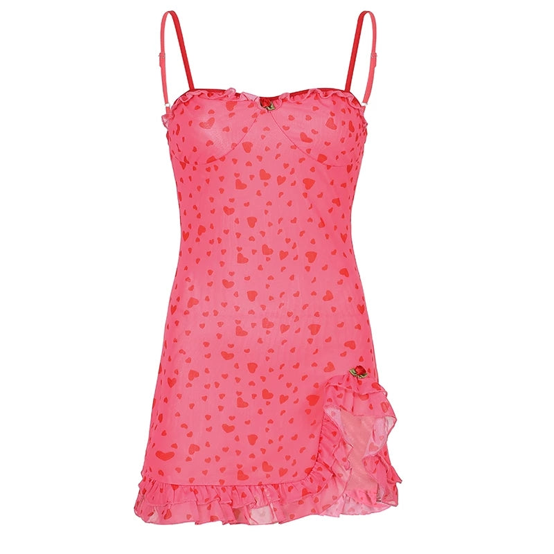 Cute Sweet 90s Pink Heart Print Sleeveless Strap Ruffles Short Mini Dress Aesthetic Casual Summer E-Girl Kawaii Korean Japanese Harajuku