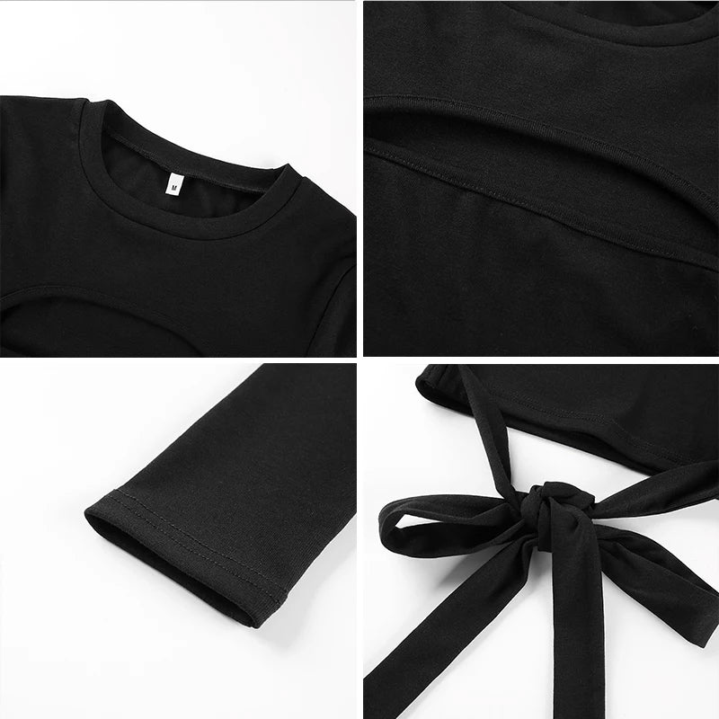 Cute Black Criss Cross Bandage Hallow Out Long Sleeve T-shirt Crop Top Summer Aesthetic Casual E-Girl Kawaii Korean Japanese Harajuku