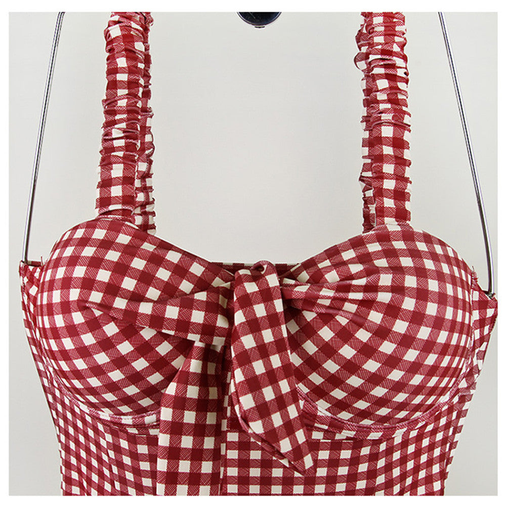 Sexy Red Plaid Push Up One Piece Swimsuit Aesthetic Casual E-Girl Kawaii Korean Japanese Harajuku