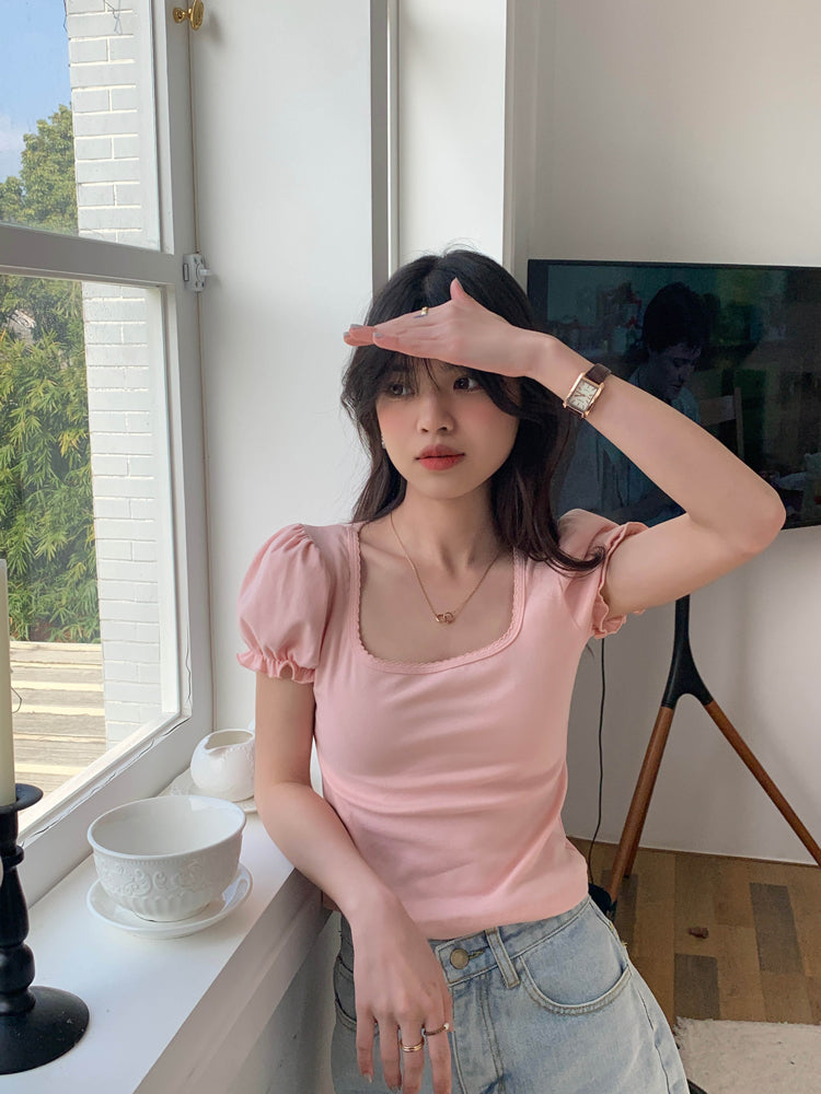 Pink Puff Sleeve Square Collar Top