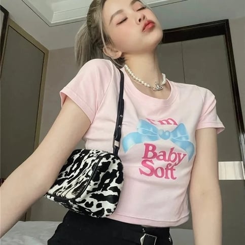 Pink Bow Print Crop Top