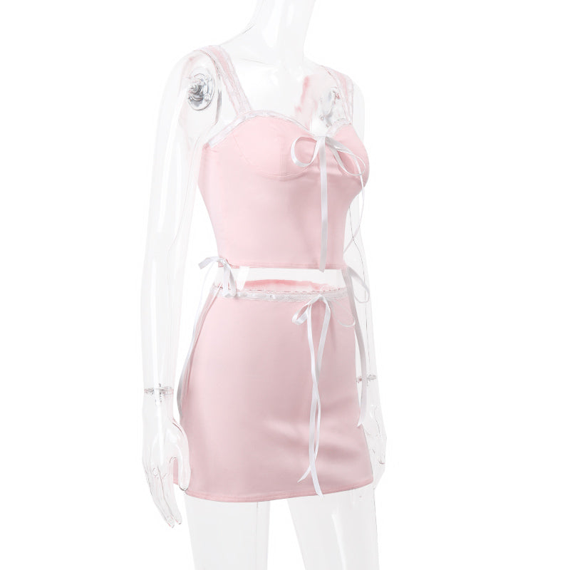 2PCS Sweet Pink Bow Sleeveless Lace Top + Skirt