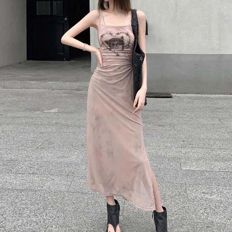 Cat Graphic Print Split Long Dress
