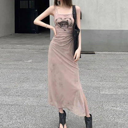 Cat Graphic Print Split Long Dress