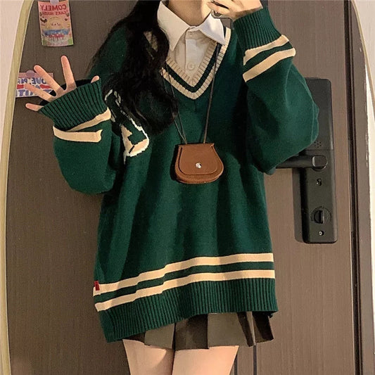 Vintage Green Preppy Oversized Sweater Aesthetic Casual E-Girl Kawaii Korean Japanese Harajuku
