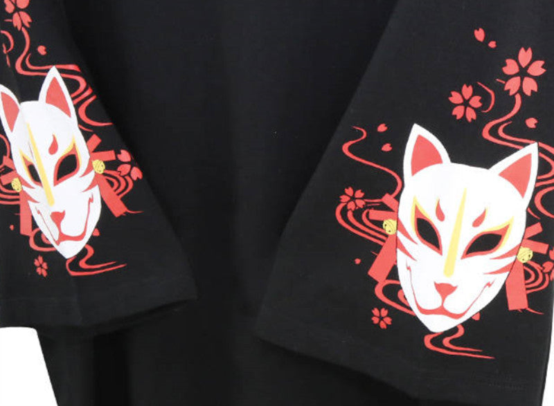 Fox Anime Cartoon Print Vintage Black T-shirt Short Sleeve Tee Shirt Causal Summer Top E-Girl Kawaii Korean Japanese Harajuku Streetwear