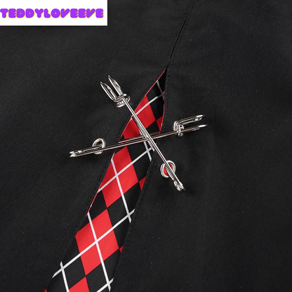 Cute Sexy Plaid Patchwork Safety Pins Black A-Line Mini High Waisted Skirt Goth Punk Club E-Girl Kawaii Korean Japanese Harajuku Streetwear