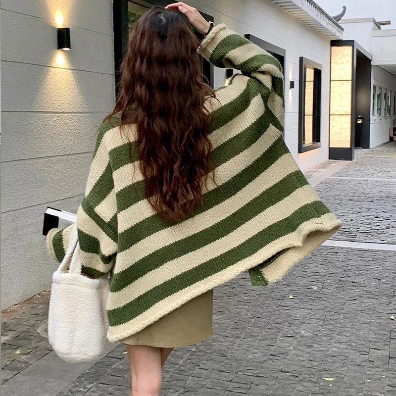 Green Stripe Loose Cardigan