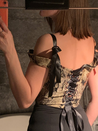 Cat Embroidery Lace Up Corset Top