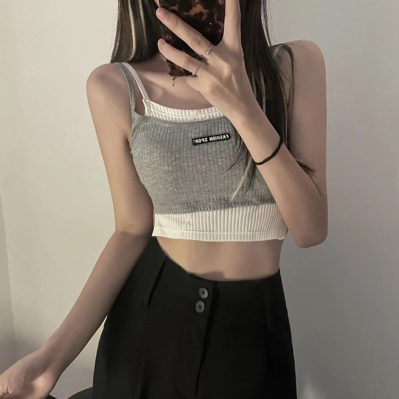 Cute Streetwear Knit Tank Sleeveless Shirt Crop Top Vest Basic Summer Aesthetic Casual E-Girl Kawaii Korean Japanese Harajuku