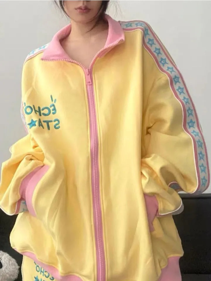 Yellow Y2K Star Embroidery Zip Up Jacket