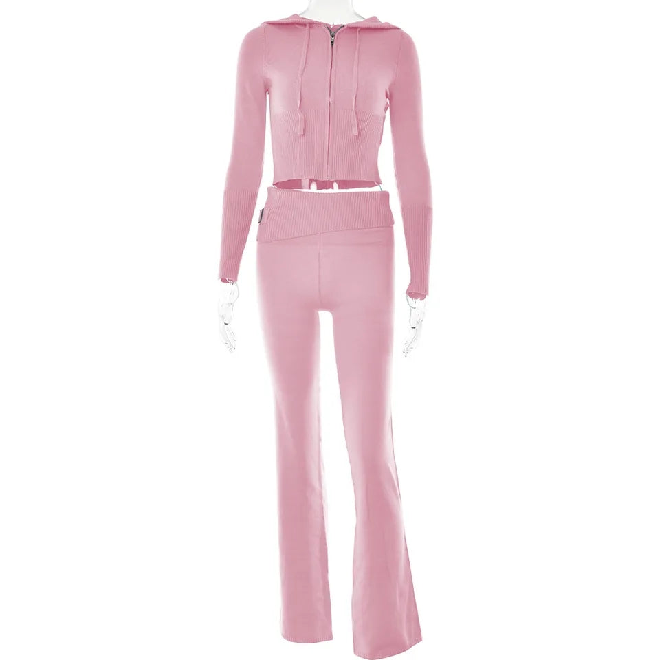 2PCS Pink Zipper Hoodie + Flare Pants Tracksuit Set