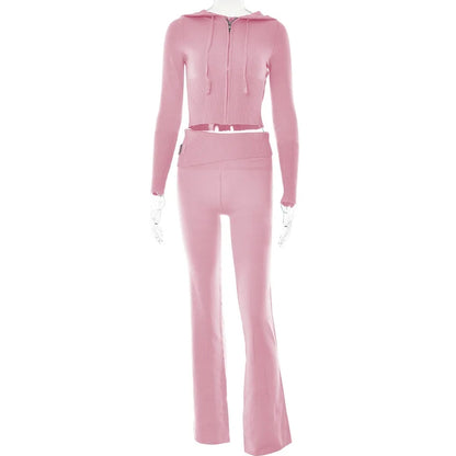 2PCS Pink Zipper Hoodie + Flare Pants Tracksuit Set