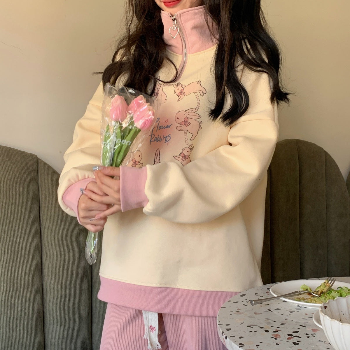 Rabbit Print Collar Zip Up Jacket
