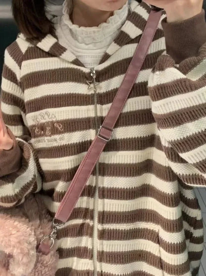 Brown Stripe Zipper Cardigan