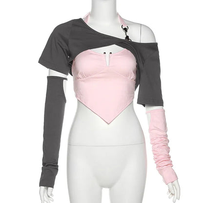 2PCS Sweet Pink Irregular Wrap Off Shoulder Short Sleeve Shirt