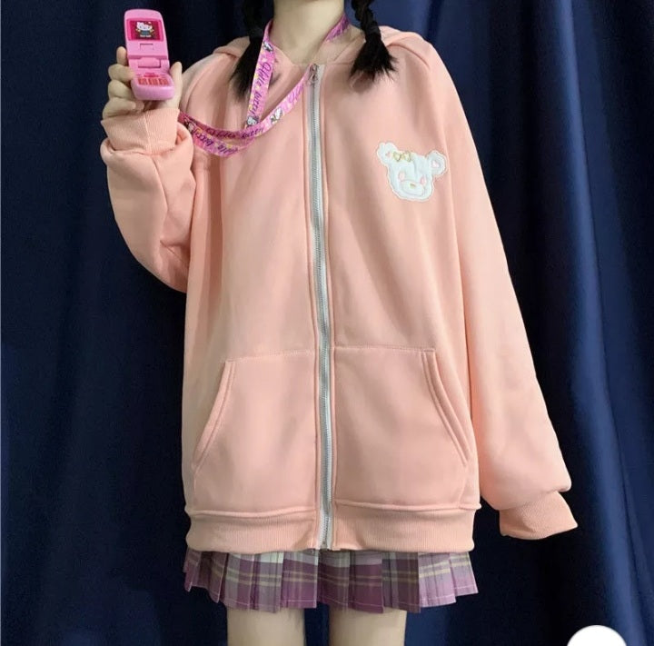 Cute Rabbit Ears Embroidery Loose Long Sleeve Sweatshirt Zip Up Hoodie Aesthetic Casual E-Girl Kawaii Korean Japanese Harajuku