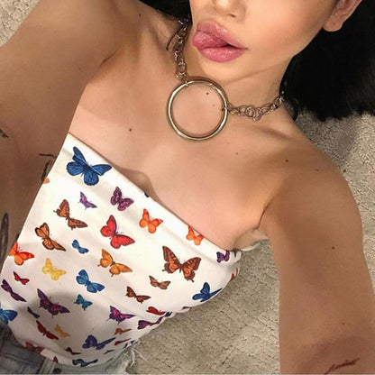 Cute Sexy Butterfly Print Colorful Crop Top Tube Off the Shoulder T-shirt Tee Shirt E-Girl Kawaii Korean Japanese Harajuku Retro Streetwear Fashion