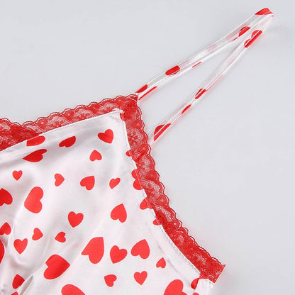 Cute Sexy Heart Print V Neck Lace Edge Crop Top Camisole Shirt Club Party Summer Casual E-Girl Kawaii Korean Japanese Harajuku Streetwear