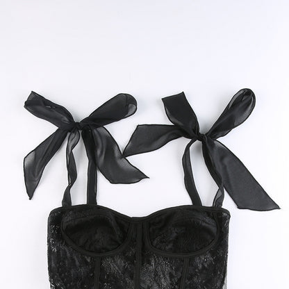 Black Lace Sheer Bow Tie Corset Top