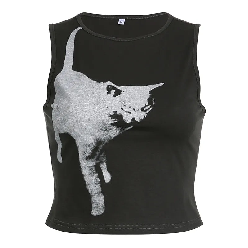 Black Cat Graphic Print Crop Top