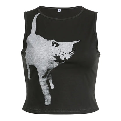 Black Cat Graphic Print Crop Top