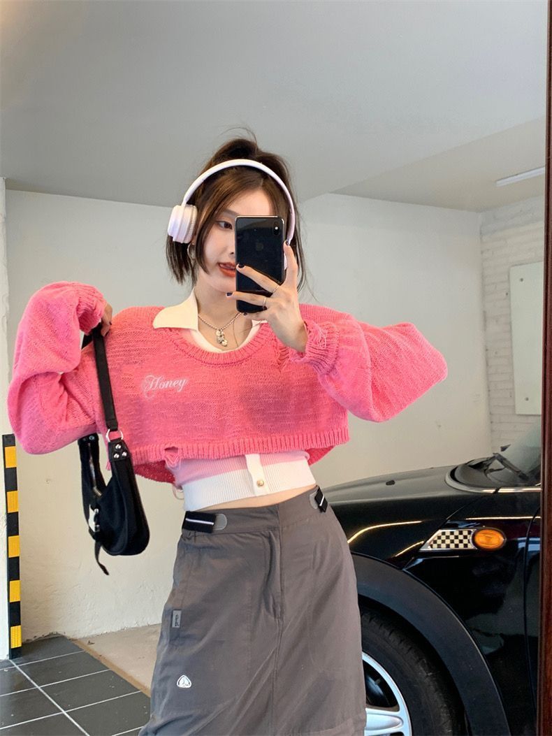 Pink Y2K Oversized Cropped Smock Sweater