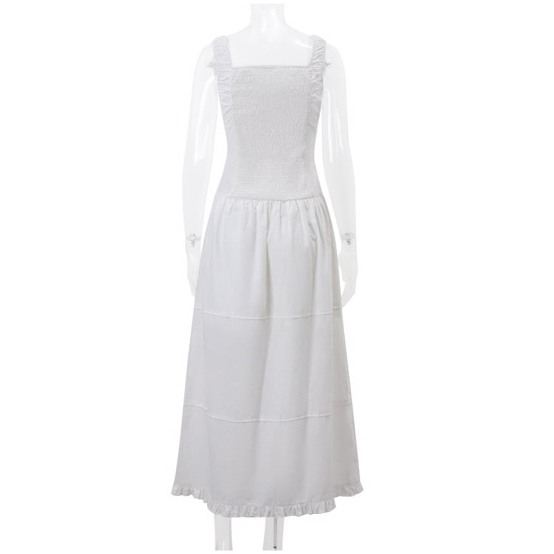 White Pleated Lace Up Square Collar Ruffle Maxi Dress