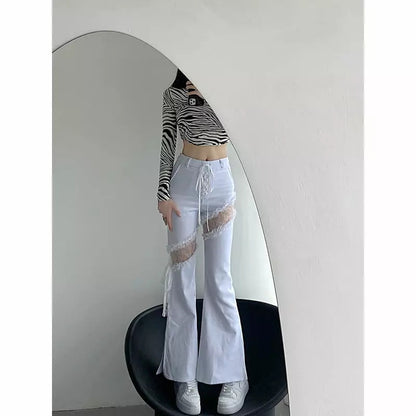 Cute White Lace Hollow Out Side Split High Waist Flare Denim Jeans Pants Trousers Summer Aesthetic Casual E-Girl Kawaii Korean Japanese Harajuku