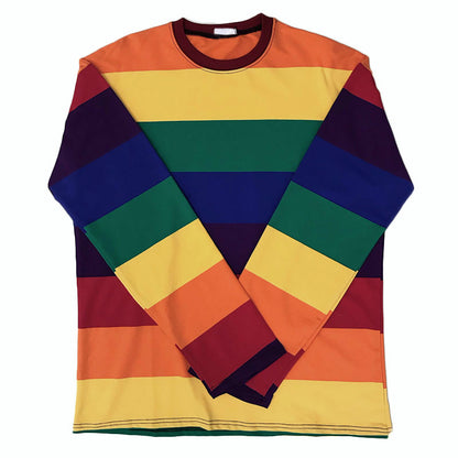 Colorful Rainbow Striped Oversize Loose Long Sleeve Shirt Top T-shirt O Neck Casual E-Girl Kawaii Korean Japanese Harajuku Streetwear