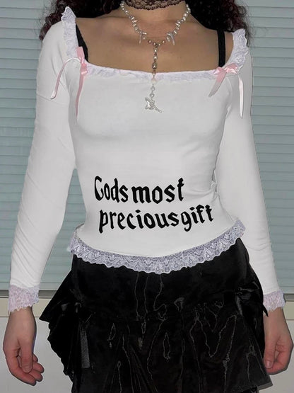 White Square Neck Lace Long Sleeve Crop Top